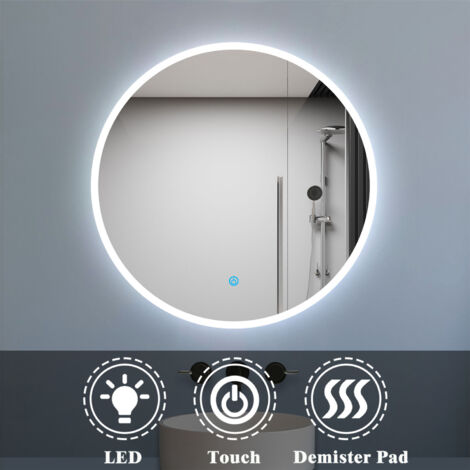 Biubiubath Round Bathroom Mirror with LED Lights 600mm Smart Bathroom LED Mirror Touch Sensor + Demister