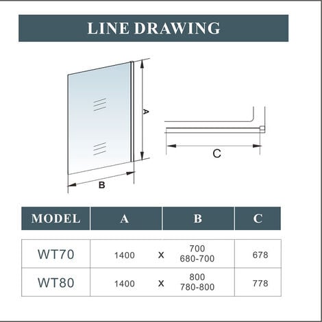 Biubiubath 700x1400mm Corner Fixed Bath Shower Screen Over Bath Square Cut