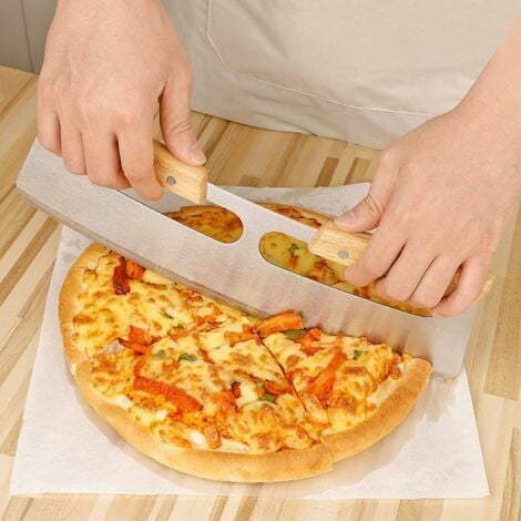 Pizzaschneider, Schaukelpizzaschneider mit Doppelholzgriff,  Edelstahl-Pizzaschneiderklinge mit Schutzhülle, geeignet zum Schneiden von  Pizza