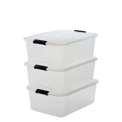 Iris Ohyama Scatole Portaoggetti in Plastica con Coperchio, 30L, Lotto di 3, Trasparente, Con Chiusura a Clip, Empilabile, Solido, Per Armadio, Garage, Casa, Ufficio, Organizzatore, TB-30