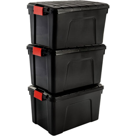 Iris Ohyama, grande contenitore in plastica, contenitore per garage da 60 litri, Lotto di 3, SIA-60, nero, impilabile, clip di chiusura - L59 x P39,5 x A35,5 cm