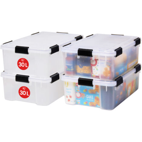 Iris Ohyama, Scatole Portaoggetti Ermetiche in Plastica, 30L, Set di 4, Trasparente, Coperchio Impermeabile, con Chiusura, Impilabile, Per Esterni, Garage, Vestiti, Antipolvere, Senza BPA, AT-LS