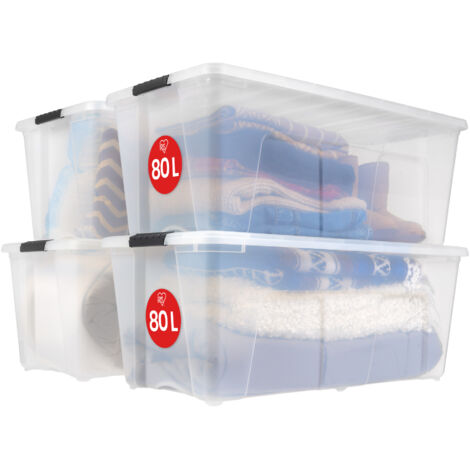 Scatola Portaoggetti con Coperchio a Clip e Ruote - 45 L Trasparente