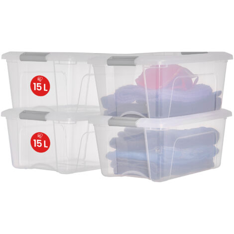 Iris Ohyama Scatole Portaoggetti in Plastica con Coperchio, 15L, Lotto di 4, Argento, Clip di Bloccaggio, Empilabile, Maniglia, Per Camera, Armadio, Ufficio, Organizzatore, Senza BPA Plastica, NTB-15