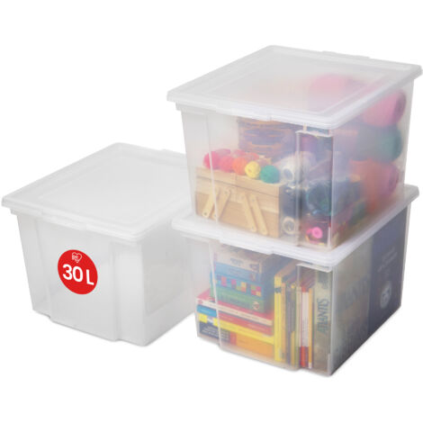 Iris Ohyama Scatole Portaoggetti, 30L, Set di 3, Trasparente, Chiusura facile, Impilabile, Plastica Trasparente, Per Armadio, Scaffali, Organizzazione, Vestiti, Coperte, Forniture per garage, USB-M