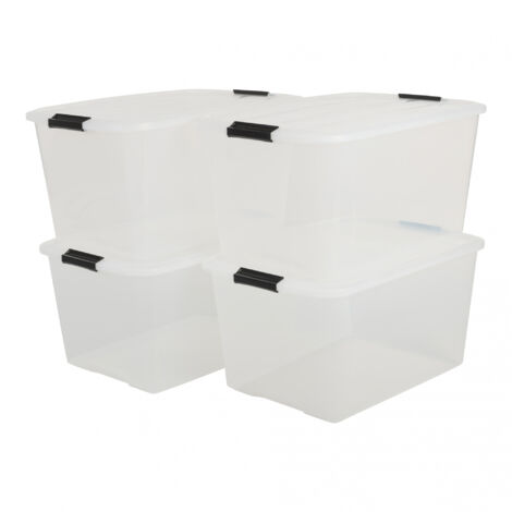 Iris Ohyama Scatole Portaoggetti in Plastica con Coperchio, 45L, Lotto di 4, Trasparente, Con Chiusura a Clip, Empilabile, Solido, Per Armadio, Garage, Casa, Ufficio, Organizzatore, TB-45