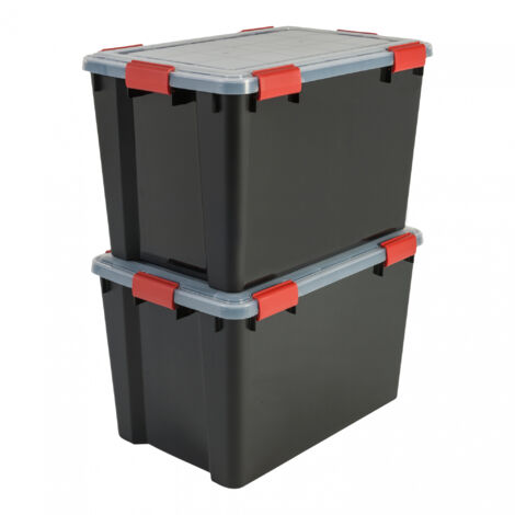 Iris Ohyama, Scatole Portaoggetti Ermetiche in Plastica, 70L, Set di 2, Nero, Coperchio Impermeabile, con Chiusura, Impilabile, Per Esterni, Garage, Vestiti, Antipolvere, Senza BPA, AT-LD