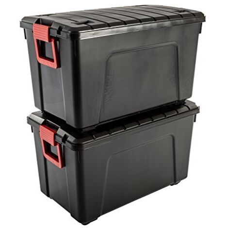 Iris Ohyama, grande contenitore in plastica, contenitore per garage da 110 l, Lotto di 2, SIA-110, nero, impilabile, clip di chiusura - L75 x P44,5 x A45 cm