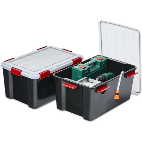 Iris Ohyama, Scatole Portaoggetti Ermetiche in Plastica, 50L, Set di 2, Nero, Coperchio Impermeabile, con Chiusura, Impilabile, Per Esterni, Garage, Vestiti, Antipolvere, Senza BPA, AT-L