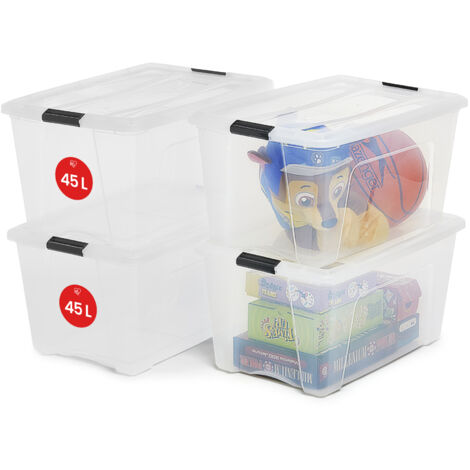 Iris Ohyama Scatole Portaoggetti in con Coperchio, 45L, Lotto di 4, Trasparente, Clip di Bloccaggio, Empilabile, Maniglia, Per Camera, Armadio, Ufficio, Organizzatore, Senza BPA, NTB-45
