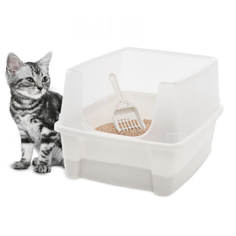 Iris Ohyama Vassoio per Lettiera per Gatti con Paletta, Bianco, Facile da pulire, Box per gatti, Pareti Rimovibili, Per Gattini, Gatti Adulti, Conigli, Senza BPA, Tetto Aperto, CLH-12