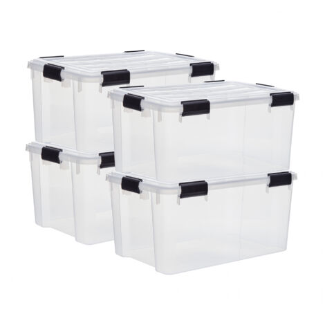 Iris Ohyama, Scatole Portaoggetti Ermetiche in Plastica, 50L, Set di 4, Trasparente, Coperchio Impermeabile, con Chiusura, Impilabile, Per Esterni, Garage, Vestiti, Antipolvere, Senza BPA, DDAT-L