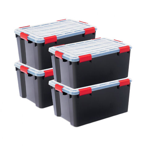 Iris Ohyama, Scatole Portaoggetti Ermetiche in Plastica, 50L, Set di 4, Nero, Coperchio Impermeabile, con Chiusura, Impilabile, Per Esterni, Garage, Vestiti, Antipolvere, Senza BPA, DDAT-L