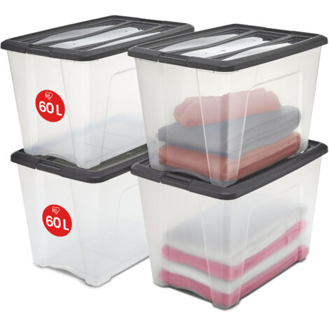 Iris Ohyama Scatole Portaoggetti in Plastica con Coperchio, 60L, Lotto di 4, Nero, Clip di Bloccaggio, Empilabile, Maniglia, Per Camera, Armadio, Ufficio, Organizzatore, Senza BPA Plastica, NTB-60