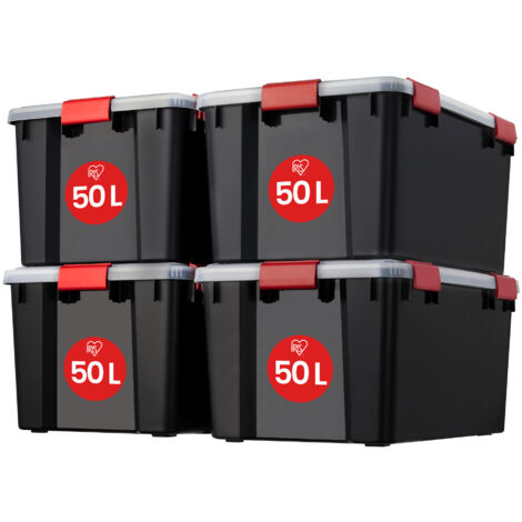 Iris Ohyama, Scatole Portaoggetti Ermetiche in Plastica, 50L, Set di 4, Nero, Coperchio Impermeabile, con Chiusura, Impilabile, Per Esterni, Garage, Vestiti, Antipolvere, Senza BPA, AT-L