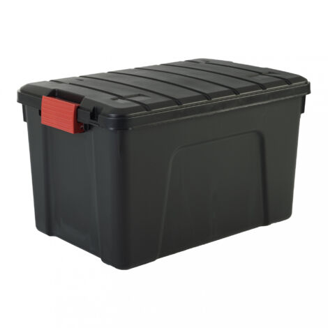 Iris Ohyama, Scatole grandi, portaoggetti in plastica, con coperchio e cips di chiusura, 60 L, Lotto di 1, impilabile, con ruote, senza BPA, soffitta, tettoia, garage, SIA-60, nero