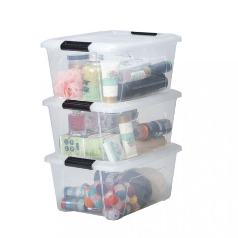 Iris Ohyama Scatole Portaoggetti in con Coperchio, 15L, Lotto di 3, Trasparente, Clip di Bloccaggio, Empilabile, Maniglia, Per Camera, Armadio, Ufficio, Organizzatore, Senza BPA, DDNTB-15 (1/5)
