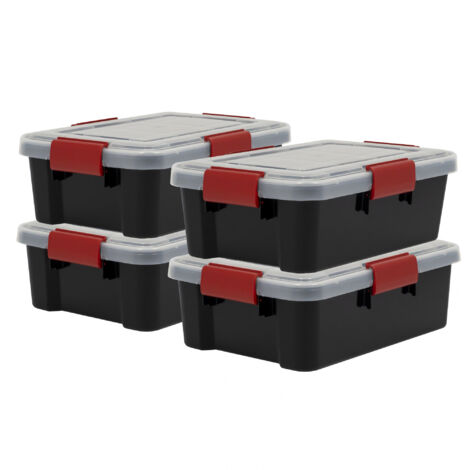 Iris Ohyama, Scatole Portaoggetti Ermetiche in Plastica, 10L, Set di 4, Nero, Coperchio Impermeabile, con Chiusura, Impilabile, Per Esterni, Garage, Vestiti, Antipolvere, Senza BPA, AT-S