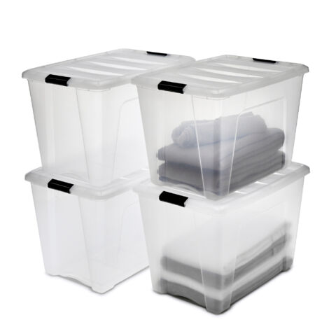 Iris Ohyama Scatole Portaoggetti in con Coperchio, 60L, Lotto di 4, Trasparente, Clip di Bloccaggio, Empilabile, Maniglia, Per Camera, Armadio, Ufficio, Organizzatore, Senza BPA, DDNTB-60