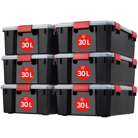 Iris Ohyama, Scatole Portaoggetti Ermetiche in Plastica, 30L, Set di 6, Nero, Coperchio Impermeabile, con Chiusura, Impilabile, Per Esterni, Garage, Vestiti, Antipolvere, Senza BPA, AT-LS