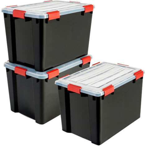 Iris Ohyama, Scatole Portaoggetti Ermetiche in Plastica, 70L, Set di 3, Nero, Coperchio Impermeabile, con Chiusura, Impilabile, Per Esterni, Garage, Vestiti, Antipolvere, Senza BPA, DDAT-LD