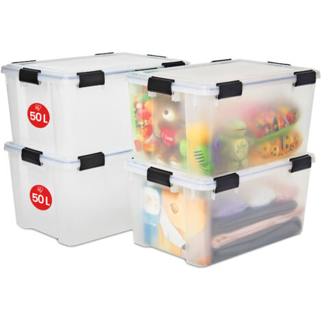 Iris Ohyama, Scatole Portaoggetti Ermetiche in Plastica, 50L, Set di 4, Trasparente, Coperchio Impermeabile, con Chiusura, Impilabile, Per Esterni, Garage, Vestiti, Antipolvere, Senza BPA, AT-L