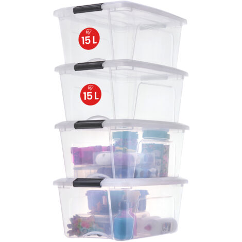 Iris Ohyama 4 Cajas de almacenamiento con tapas, 15L, Transparente, Clips de Cierre, Duradero, Apilable, para Dormitorio, Armario, Oficina, Organizadora, Ropa, Libre de BPA, NTB-15