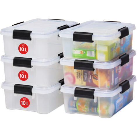 Iris Ohyama 6 Cajas hermÃ©ticas de plÃ¡stico con tapa y cierres a presiÃ³n, 10L, Transparente, sello impermeable, apilables, antipolvo, para ropas, camping, exteriores, cubo de almacenaje, box, AT-S