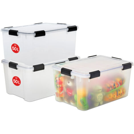 Iris Ohyama 3 Cajas hermÃ©ticas de plÃ¡stico con tapa y cierres a presiÃ³n, 50L, Transparente, sello impermeable, apilables, antipolvo, para ropas, camping, exteriores, cubo de almacenaje, box, AT-L