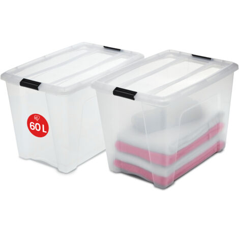 Iris Ohyama 2 Cajas de almacenamiento con tapas, 60L, Transparente, Clips de Cierre, Duradero, Apilable, para Dormitorio, Armario, Oficina, Organizadora, Ropa, Libre de BPA, NTB-60