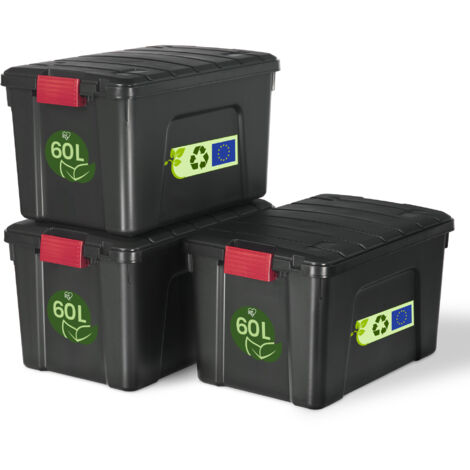 Iris Ohyama, Caja de almacenamiento de plÃ¡stico grande, Caja de almacenamiento de garaje de 60 l, Lote de 3, SIA-60, Negro, Apilable, Clips de cierre- A59 x F39,5 x A35,5 cm