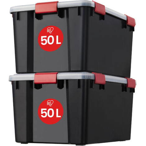 Iris Ohyama 2 Cajas herméticas de plástico con tapa y cierres a presión, 50L, Negro, sello impermeable, apilables, antipolvo, para ropas, camping, exteriores, cubo de almacenaje, box, AT-L