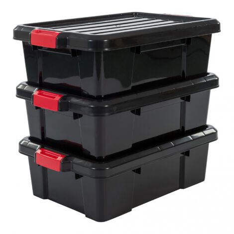 Iris Ohyama, Juego de 3 cajas de almacenamiento para bricolaje, 25 L, con cierre a presión, apilable, garaje - Power Box SK-230 - Negro
