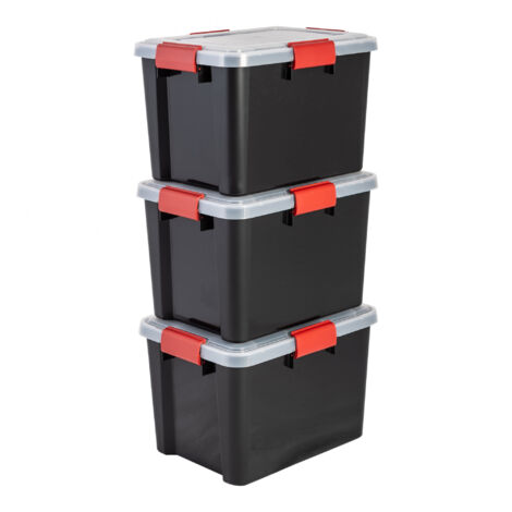 Iris Ohyama 3 Cajas hermÃ©ticas de plÃ¡stico con tapa y cierres a presiÃ³n, 20L, Negro, sello impermeable, apilables, antipolvo, para ropas, camping, exteriores, cubo de almacenaje, box, DDAT-SD