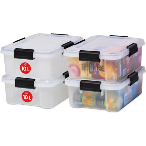 Iris Ohyama 4 Cajas hermÃ©ticas de plÃ¡stico con tapa y cierres a presiÃ³n, 10L, Transparente, sello impermeable, apilables, antipolvo, para ropas, camping, exteriores, cubo de almacenaje, box, AT-S