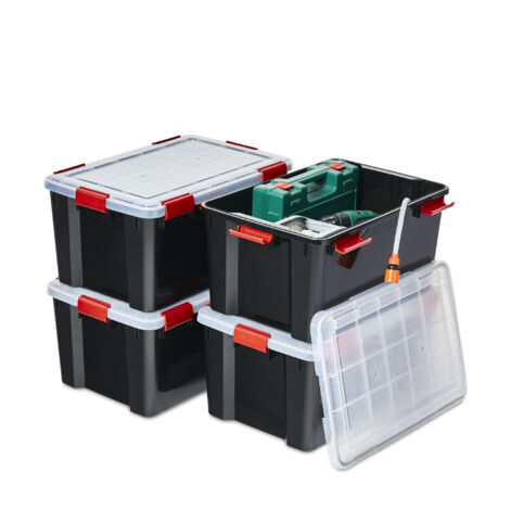 Iris Ohyama 4 Cajas hermÃ©ticas de plÃ¡stico con tapa y cierres a presiÃ³n, 50L, Negro, sello impermeable, apilables, antipolvo, para ropas, camping, exteriores, cubo de almacenaje, box, AT-L