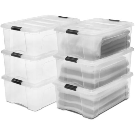 Iris Ohyama 6 Cajas de almacenamiento con tapas, 30L, Transparente, Clips de Cierre, Duradero, Apilable, para Dormitorio, Armario, Oficina, Organizadora, Ropa, Libre de BPA, DDNTB-30