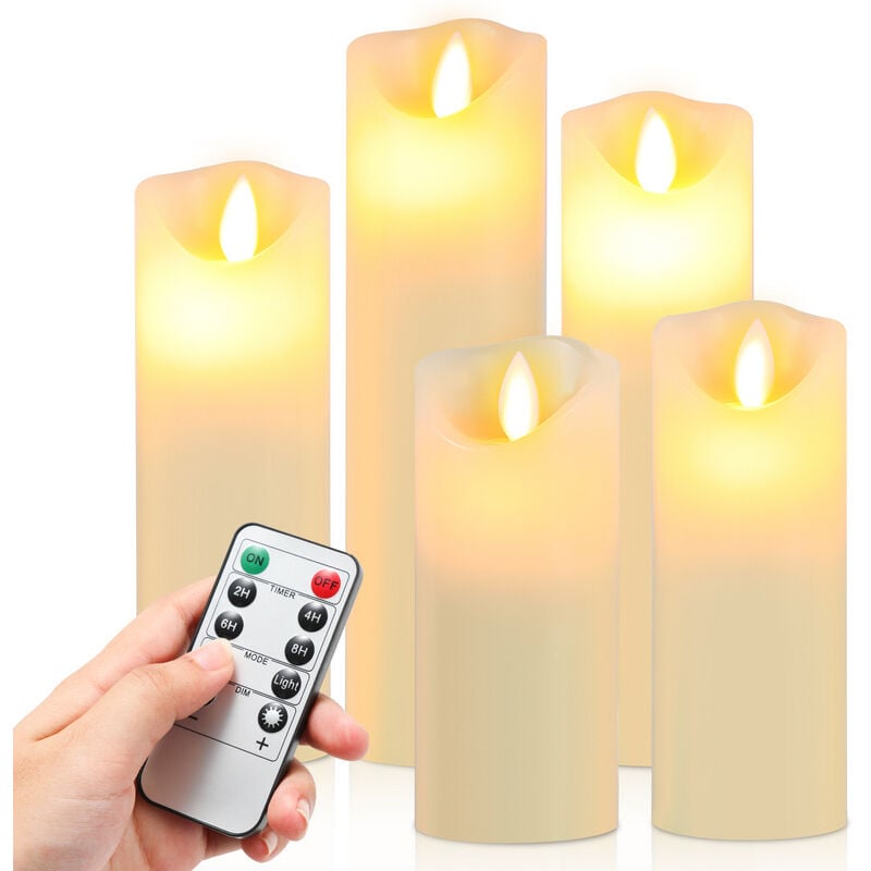 Lot de 5 bougies LED (10, 12,5, 15, 18, 20 cm, ivoire), bougies sans flamme  avec flamme vacillante très réaliste, rechargeables