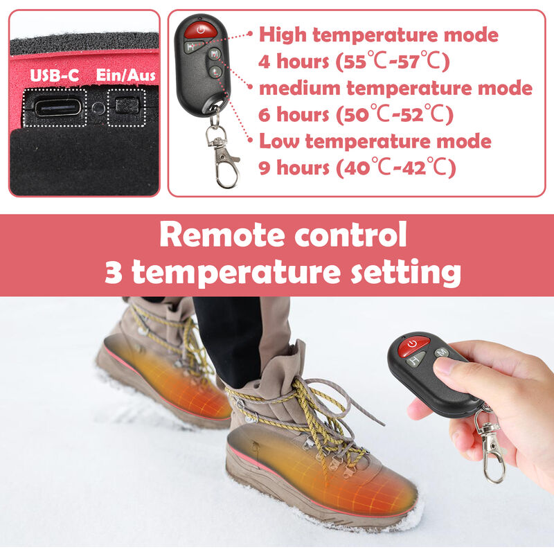 Semelles chauffantes rechargeables USB, avec télécommande sans fil,  température réglable, pour chaussures de Camping, chasse, randonnée, ski