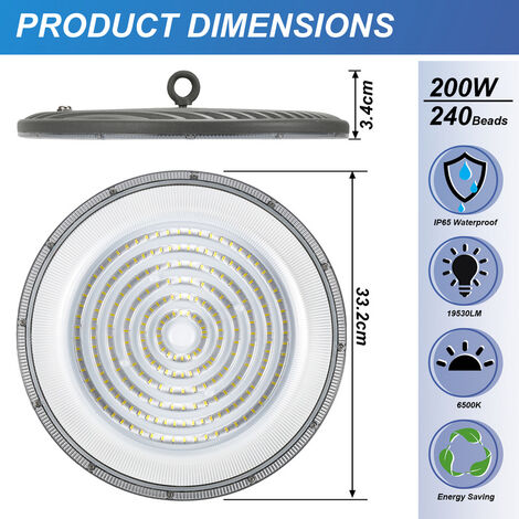 Randaco UFO LED 200W Projecteur LED 19530LM Spot High Bay Lumière IP65 UFO  LED Blanc Froid 6500K LED Projecteur Interieur