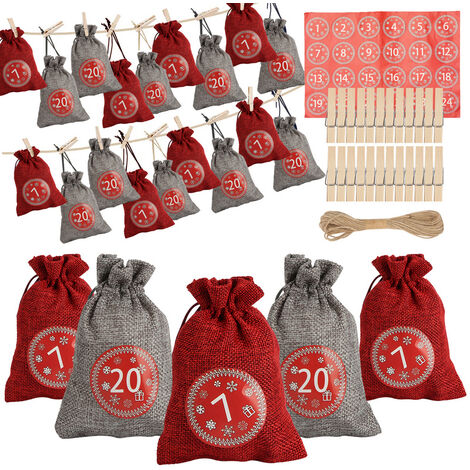 KESSER® Calendrier de l'Avent à remplir 24 sacs en jute Sacs en tissu  imprimés Calendrier de Noël pour enfants à remplir soi-même Avec 24  étiquettes + 1 grand sac de rangement en