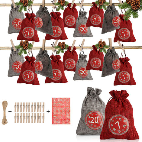 Randaco 24 Calendrier de l'Avent-Sac en Tissu,24 Numérique Autocollants,DIY  Noël Cadeaux Sacs