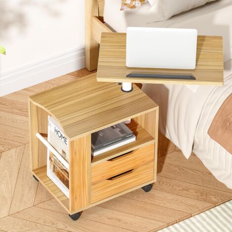 Soges Tisch Nachttisch Höhenverstellbar Schlafzimmermöbel Kommode Lagerschrank mit Schwenkregal Feststellbare Universalrollen,Eiche