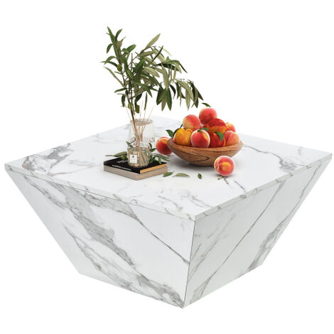 Soges Moderner Trommel Couchtisch, Trapezförmiger weißer Marmorfurnier Couchtisch, Wohnzimmertisch 707037cm