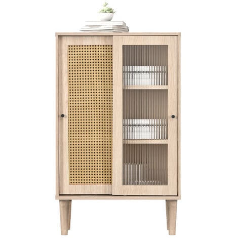 Soges 100 cm hohes holzfarbenes Sideboard mit Kunststoff-Rattantüren und Schiebetüren aus Glas, mit 6 Fächern hinter den Türen.