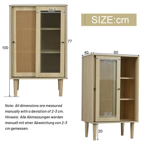 Soges 100 cm hohes holzfarbenes Sideboard mit Kunststoff-Rattantüren und Schiebetüren aus Glas, mit 6 Fächern hinter den Türen.