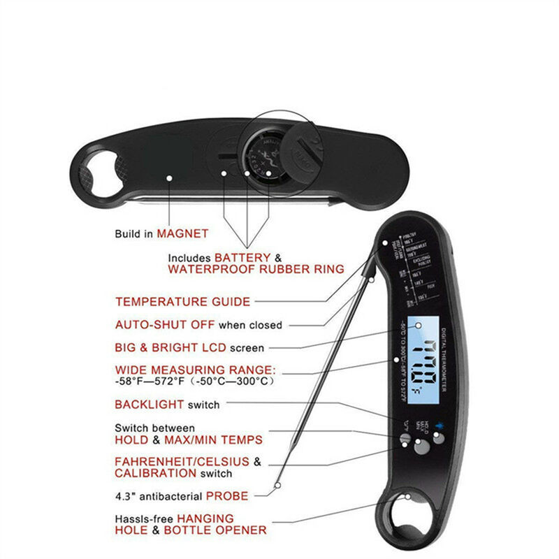 Waterproof Digital Instant Read Meat Thermometer Folding Probe Calibration  Function For Cooking Food Candy Bbq Grill Calibration Bottle Opener For K