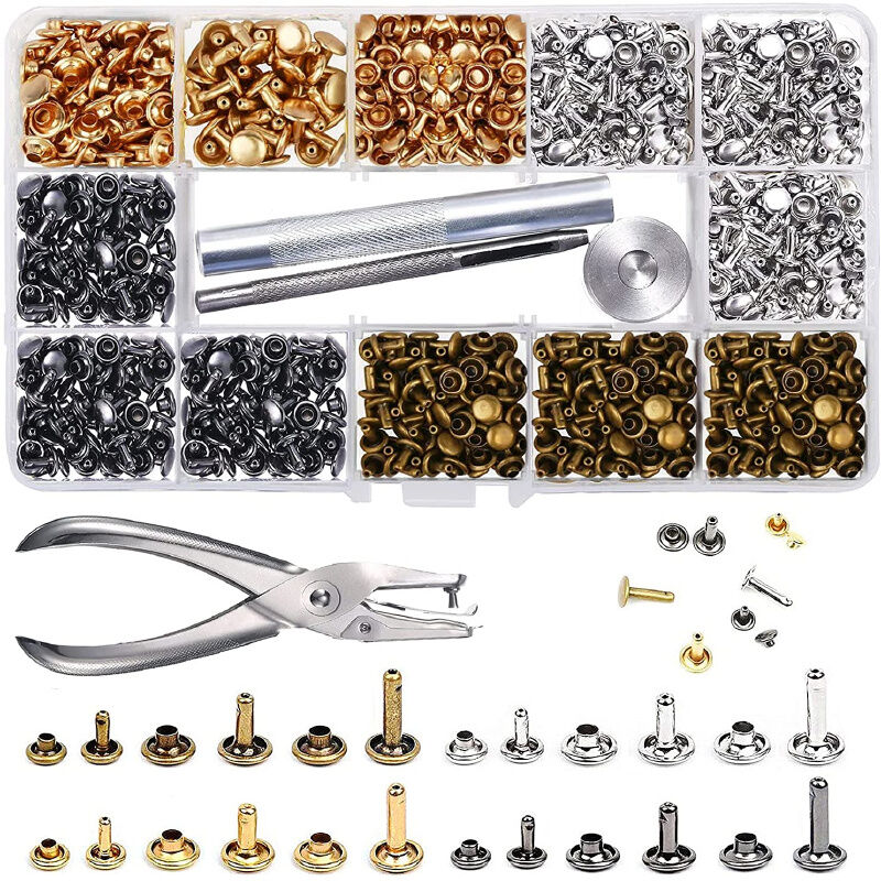 Brass Rivet Kit 480 Sets 9mm Double Cap Leather Rivet Dome Rivet Metal  Studs 5 Colors 4 Sizes with 4 Pieces Setting Tools for Leather