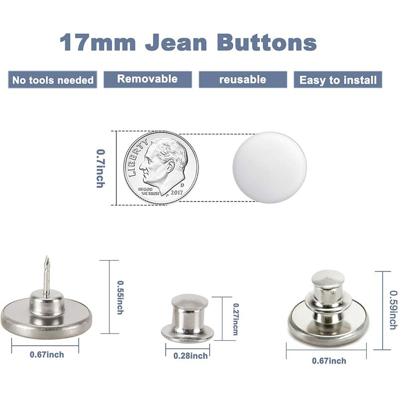 16 Sets Jean Buttons pins, 17mm No Sew Instant Adjustable Pants