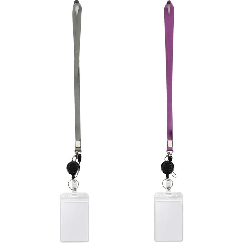 2 Pack Lanyards with ID Badge Holders, Lanyard Retractable Badge Reel,  Vertical (Grey, Purple)
